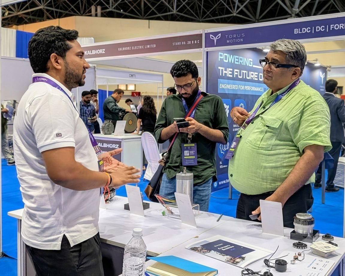 Discussing motor requirements with visitors at the EYDelta booth
